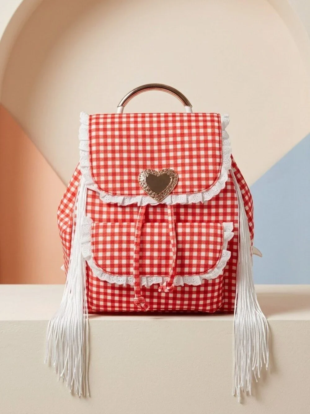 Gingham Seaside Sweetheart Fringe Backpack